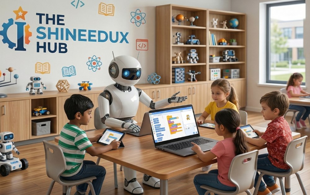 Kids learning AI future skills and tools with robot including automation and AI agents
