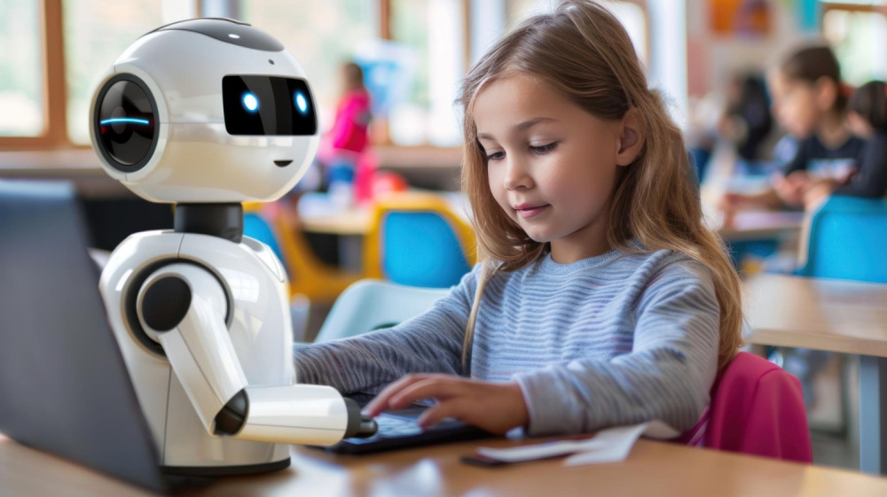 Kid learning practical AI applications with robot creating visuals videos and content