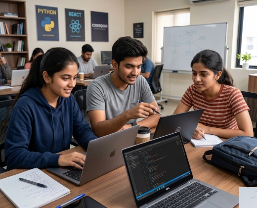 Students learning MERN stack development with coding on laptops in classroom