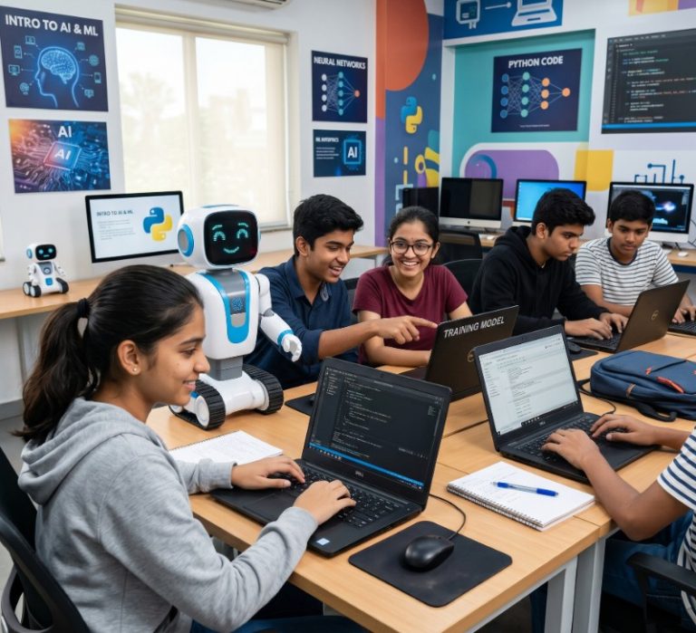 High school students in a modern tech lab working on laptops with Python code and neural network posters on the walls, accompanied by a blue-and-white robot.