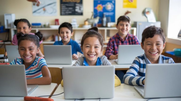 A diverse group of smiling elementary school students sitting at desks in a bright classroom, each working on their own laptop during an AI workshop.