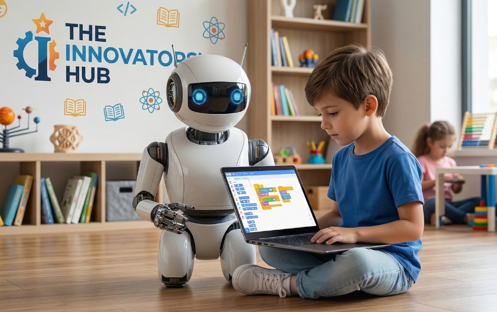 A young boy sitting on the floor using a laptop to learn block-based coding with a friendly white robot in a modern classroom setting.