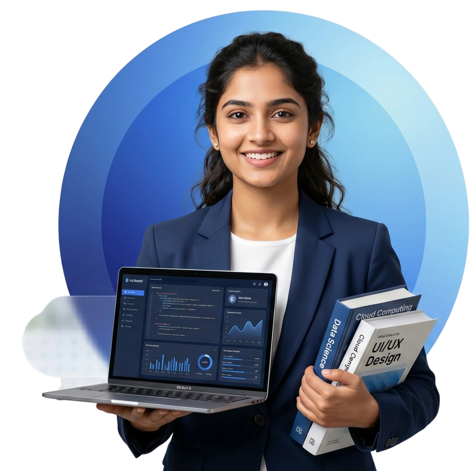 Female student learning AI and Data Science with laptop and books