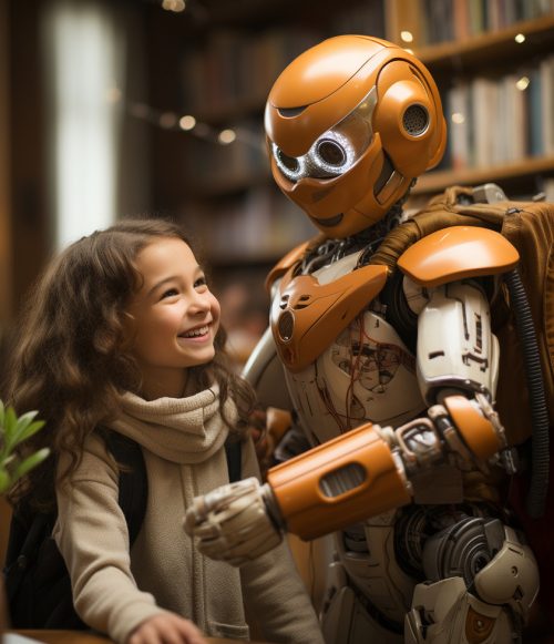 A smiling young girl with wavy brown hair looks up at a tall, complex, orange-and-white humanoid robot with luminous eyes, in a room with bookshelves and soft string lights.