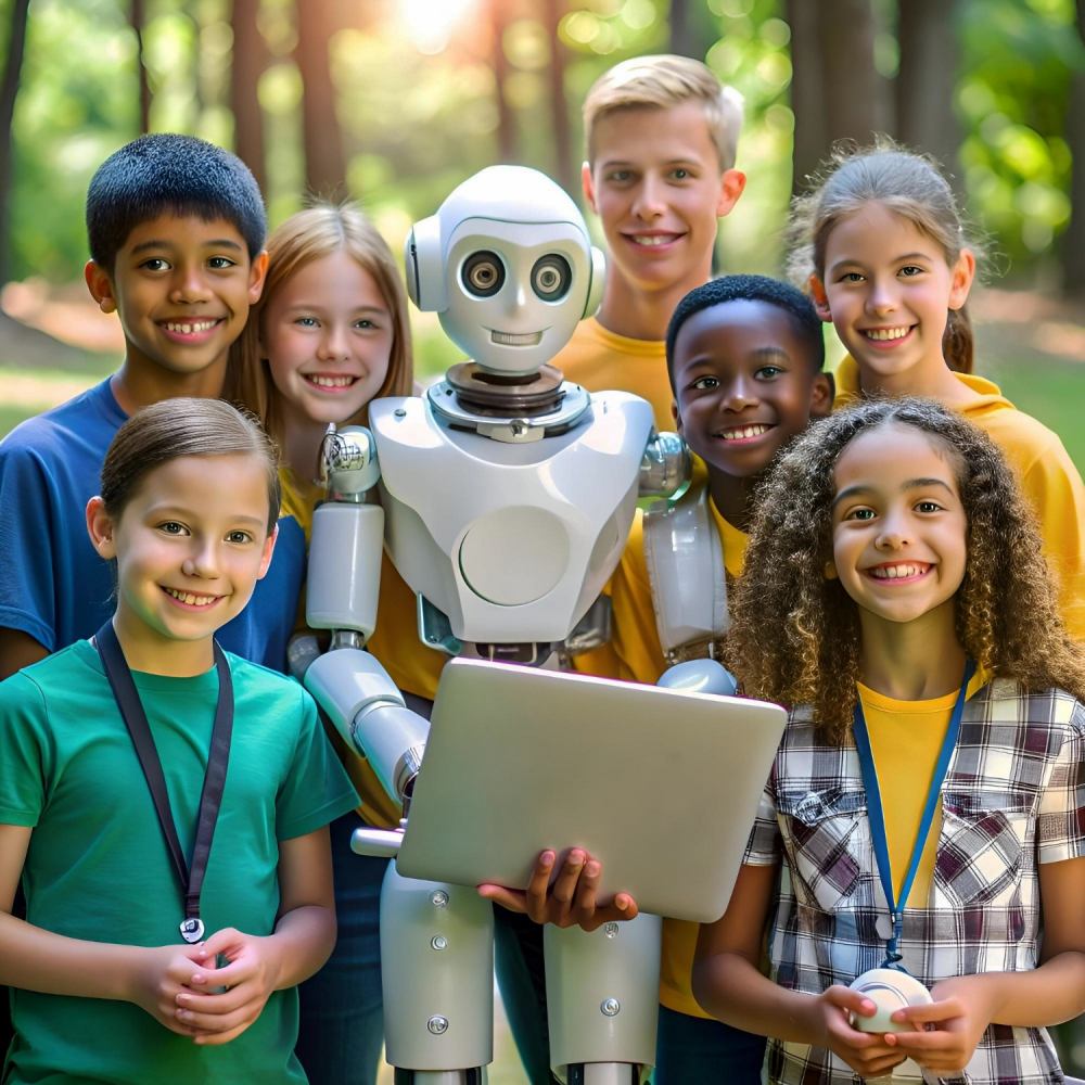 A diverse group of happy children standing outdoors in a sunlit park, posing with a friendly white robot holding a laptop.