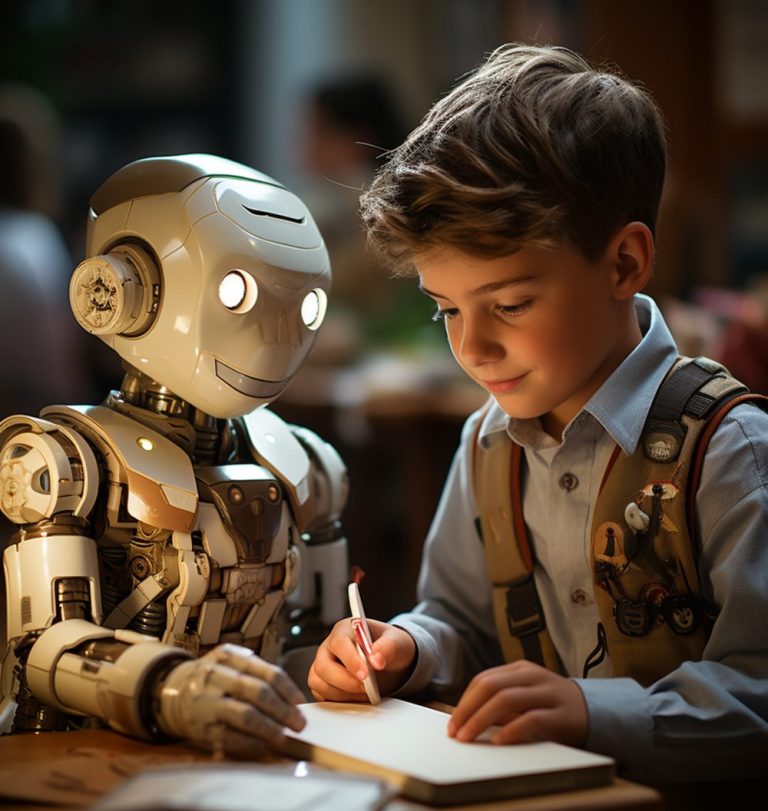 A young boy writing in a notebook while a sophisticated white robot sits beside him, looking on as a supportive learning companion.