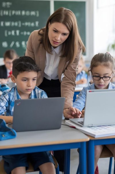 A professional female instructor in a blazer leaning over a desk to guide two young students as they work on their laptops in a classroom.