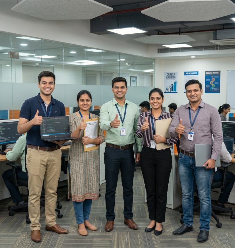 A group of successful graduates holding laptops and documents, symbolizing 100% placement support in the tech industry.