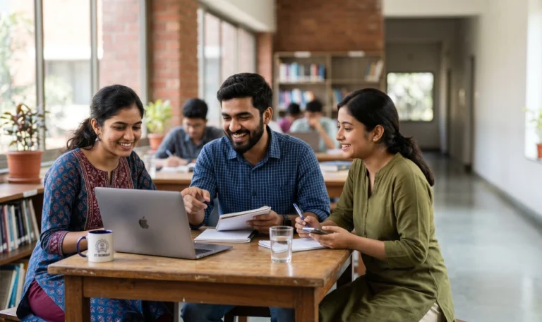 Three students sitting at a library table collaborating on a Generative AI research project using a laptop.