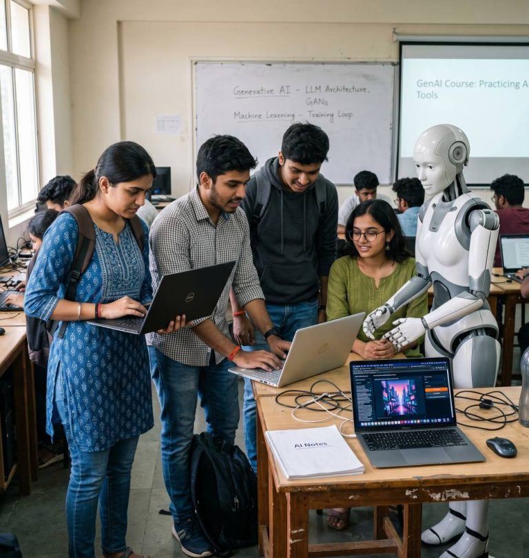 Students working with a humanoid robot and laptops to practice LLM architecture and AI tool integration.