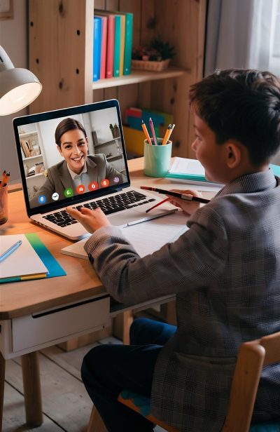 A young boy sitting at his desk at home, engaged in a live video call with a smiling teacher on his laptop screen.