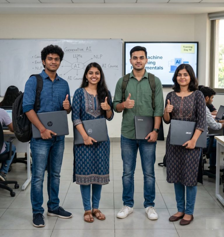 Students holding laptops in front of a whiteboard detailing Generative AI, LLMs, and Machine Learning fundamentals.