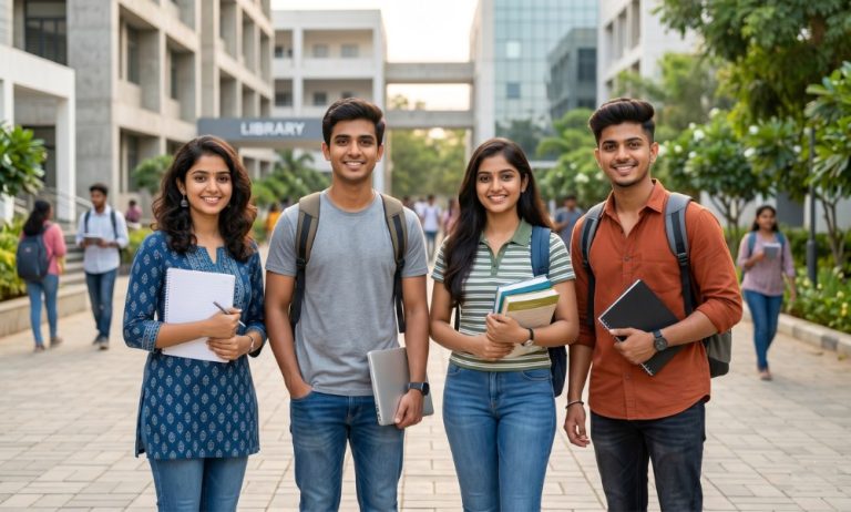 Four smiling graduates of ShineEdux holding their job offer letters and a laptop, celebrating successful career placement in a modern office lobby.