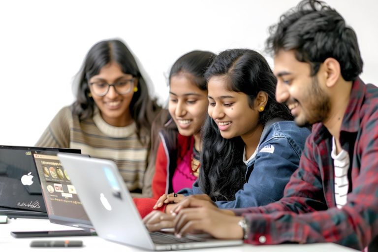 Three young adults working closely together on laptops in a bright classroom, discussing code and project architecture.