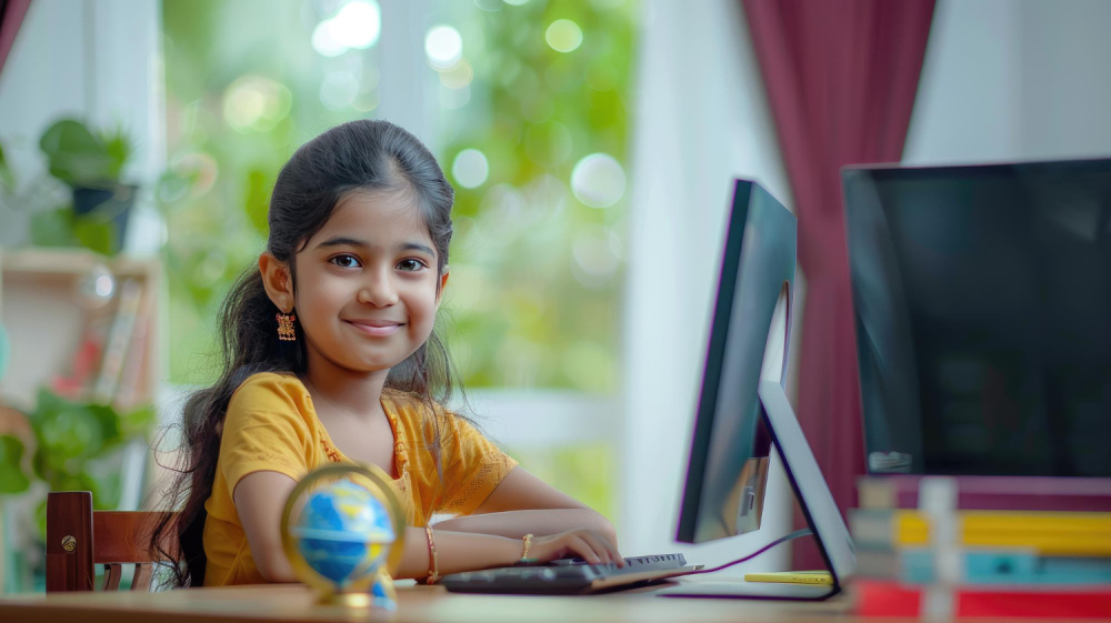 A young Indian girl smiling confidently at her desktop computer in a bright, home-learning environment with a globe on her desk.