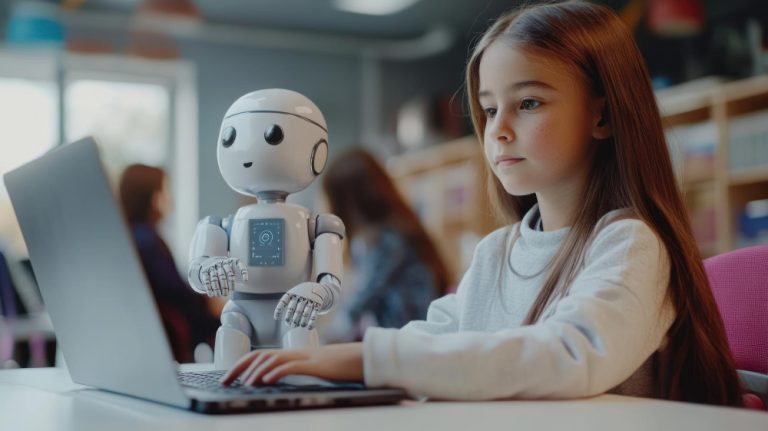 A young girl focused on her laptop screen while a small, friendly white companion robot stands on the desk, assisting her with a digital project.