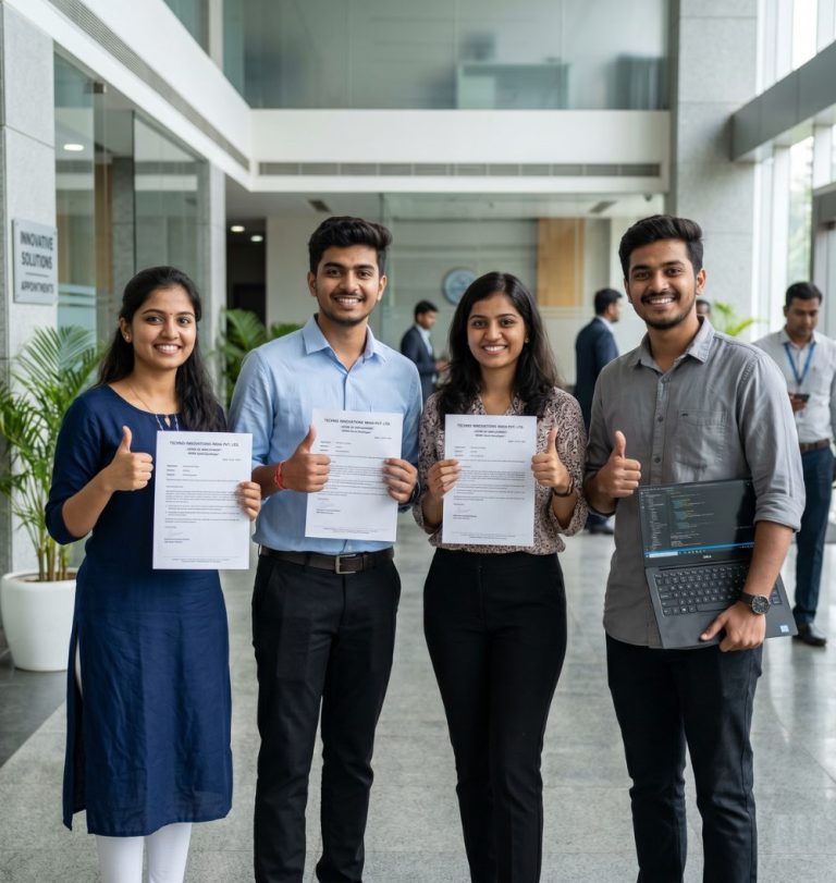 A group of diverse university-age students holding notebooks and a laptop, standing in front of a modern campus library building.