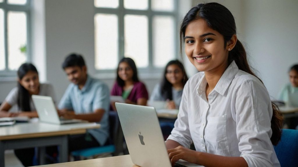 Student learning with laptop in classroom with placement focused training