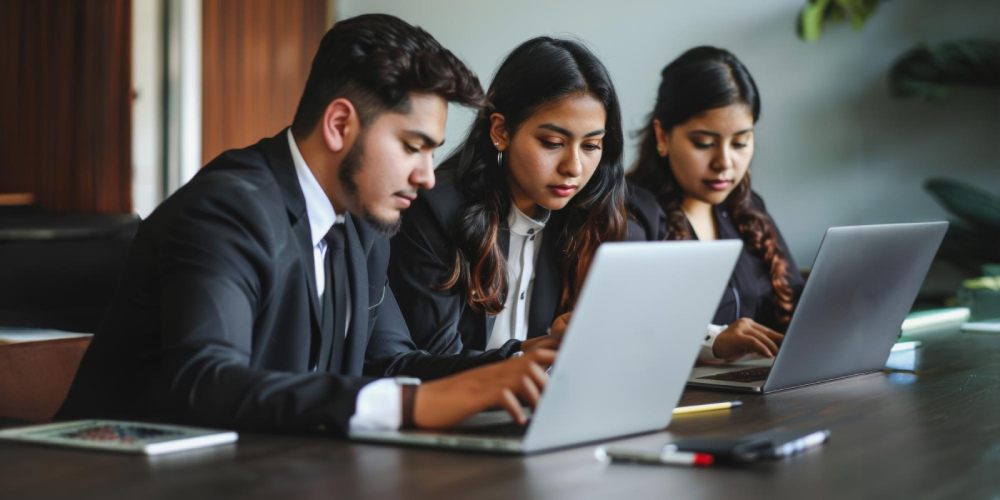 Students learning web development and coding on laptops with practical training