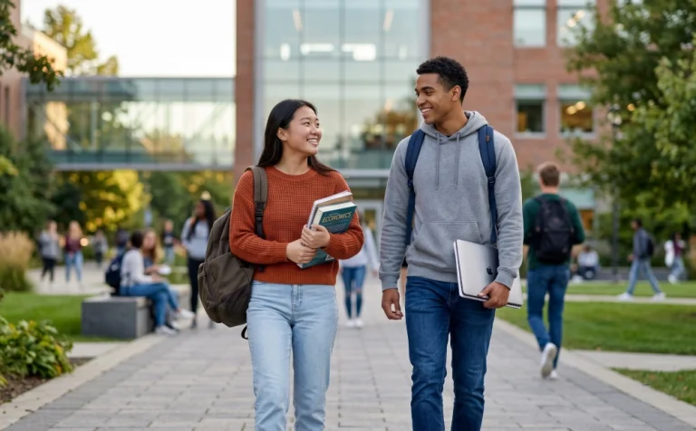 Two college students walking on a modern campus holding books and a laptop.